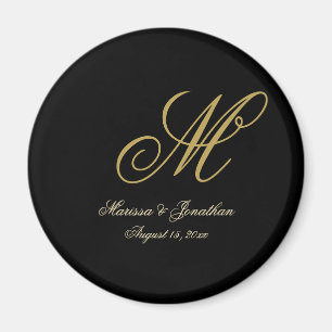 Imã Casamento Preto com Script Monograma Dourado Chic