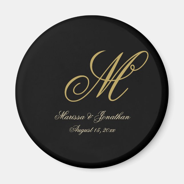 Imã Casamento Preto com Script Monograma Dourado Chic (Frente)