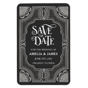 Ímã Casamento Preto e Branco Art Deco Salve a Data