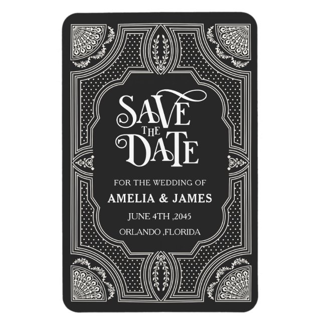 Ímã Casamento Preto e Branco Art Deco Salve a Data (Vertical)