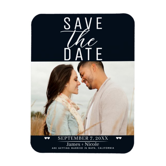 Ímã Casamento Preto e Branco Moderno Salvar a Data Fot (Vertical)
