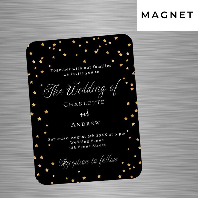 Ímã Casamento preto ouro estrelas elegante script luxo (Criador carregado)