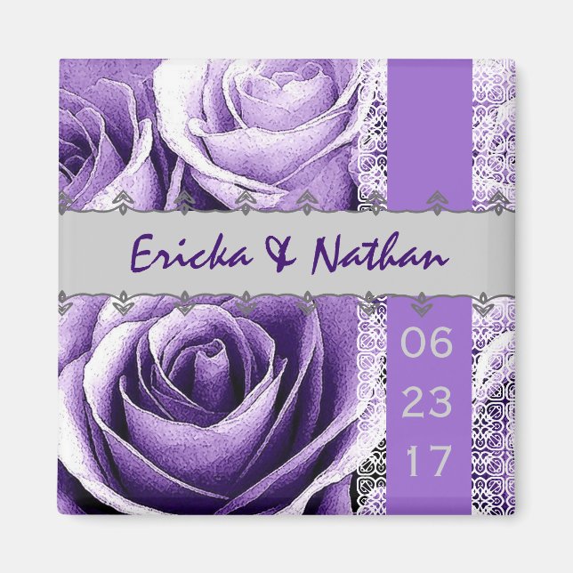 Imã Casamento Roxo e Prateado Rose Bouquet com rendas (Frente)