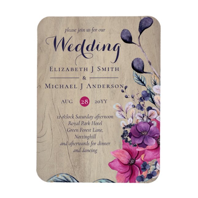 Ímã Casamento Rustic Fuchsia Floral Woodland (Vertical)