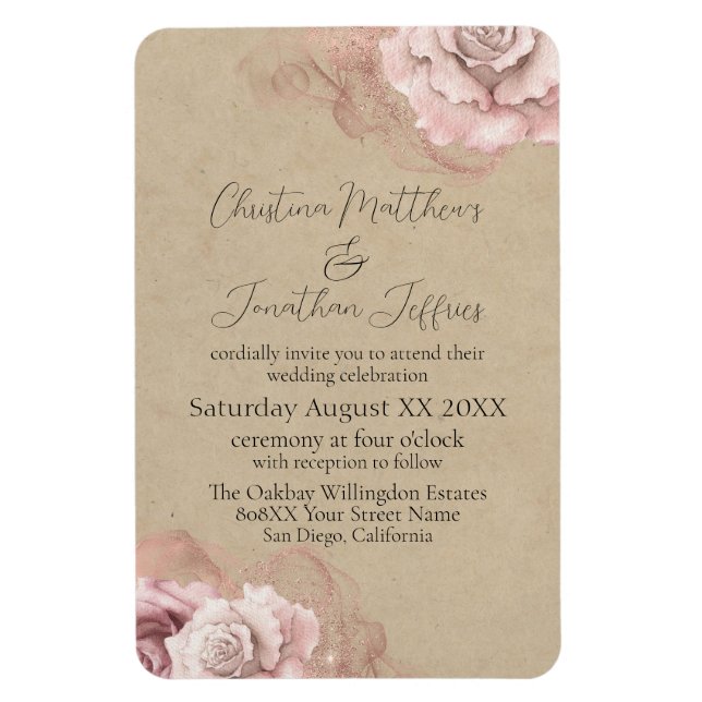 Ímã Casamento Rustic Glam Rosas de Aquarela Romântica (Vertical)