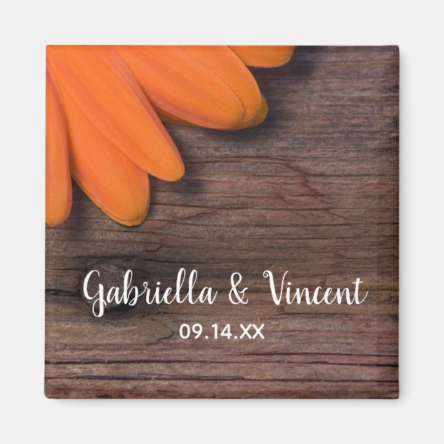 Imã Casamento Rustic Orange Daisy and Barn Wood Countr (Frente)