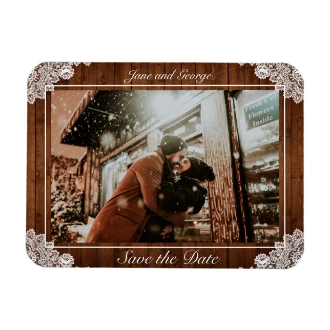 Ímã Casamento Rustic Wood & White Lace (Horizontal)