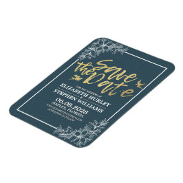 Ímã Casamento Salva A Data Chic Blue Dourado Script Fl
