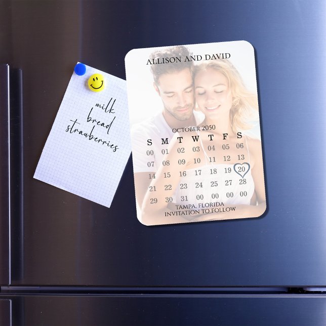 Ímã Casamento Salvar o Calendário Personalizado de Dat (Wedding save-the-date photo magnet with calendar template. )