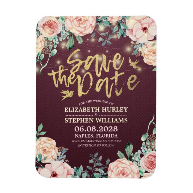 Ímã Casamento Salve A Data Burgundy Floral String Ligh (Vertical)