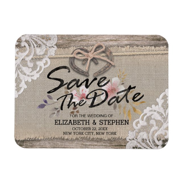Ímã Casamento Salve A Data Rustic Furradura Burlap Lac (Horizontal)