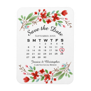 Ímã Casamento Salve o Calendário de Blossoms Vermelho