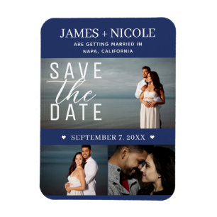 Ímã Casamento Save the Date Azul e Branco Moderno 3 Fo