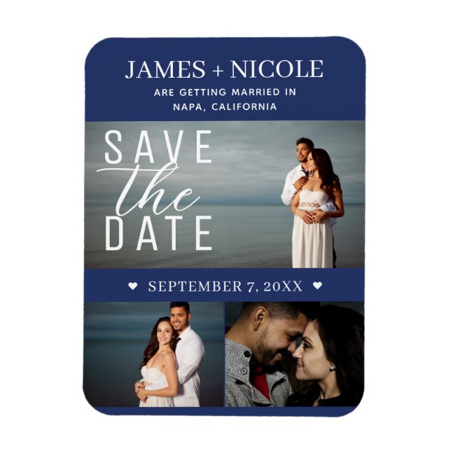 Ímã Casamento Save the Date Azul e Branco Moderno 3 Fo (Vertical)