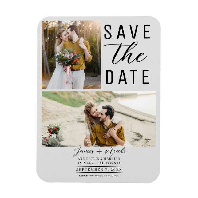 Ímã Casamento Save the Date Moderno Cinza Claro 2 Foto (Vertical)