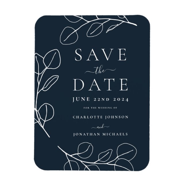 Ímã Casamento Simples Moderno com Folhagens Azul Marin (Vertical)