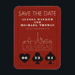 Ímã Casamento Skyline Em Las Vegas Salve A Data<br><div class="desc">Um casamento divertido e moderno Salve o ímã do Encontro para animar seus convidados para seu casamento em Las Vegas! Esta opção Save the Date apresenta gráficos gráficos pretos de cartas de jogar em negrito, uma renderização moderna do horizonte de Las Vegas e texto e fonte totalmente personalizáveis em fundo...</div>
