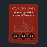 Ímã Casamento Skyline Em Las Vegas Salve A Data<br><div class="desc">Um casamento divertido e moderno Salve o ímã do Encontro para animar seus convidados para seu casamento em Las Vegas! Esta opção Save the Date apresenta gráficos gráficos pretos de cartas de jogar em negrito, uma renderização moderna do horizonte de Las Vegas e texto e fonte totalmente personalizáveis em fundo...</div>
