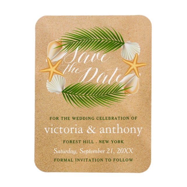 Ímã Casamento Tropical Wreath Sandy Beach Salve A Data (Vertical)