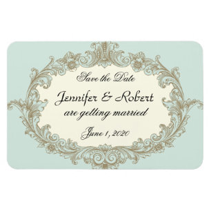 Ímã Casamento vintage de Creme Dourado Azul Salvar a D