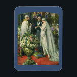 Ímã Casamento vintage, noiva e noiva com Menorah<br><div class="desc">Ilustração Vintage,  amor e cerimônia de casamento romântica,  com uma imagem de um casal se casando em uma bela sinagoga com vitrines coloridas,  flores e uma menorah de sete galhos. A noiva está vestindo um longo vestido branco e o noivo é bonito em seu smoking.</div>