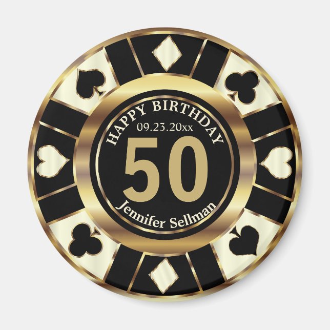 Imã Casino Chip Las Vegas Aniversário - Creme e Dourad (Frente)