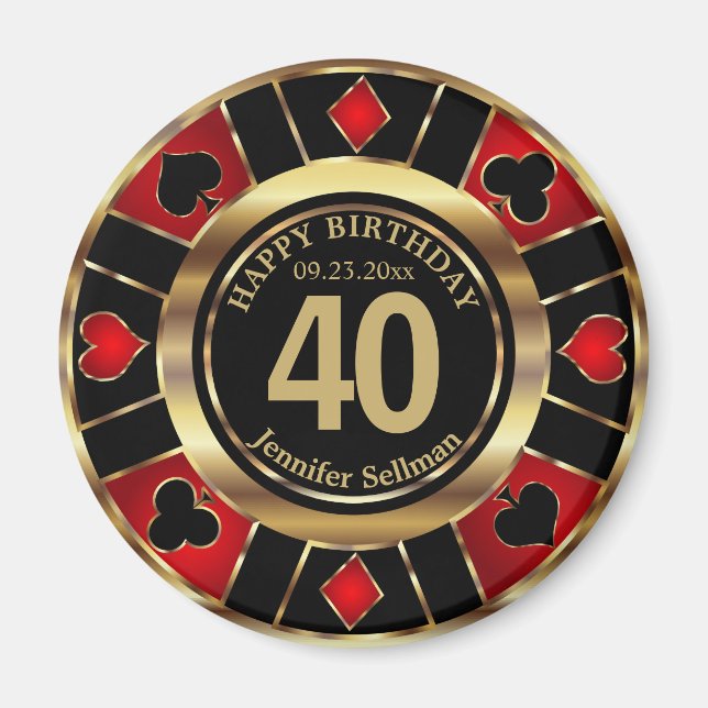 Imã Casino Chip Las Vegas Aniversário - Dourado e Verm (Frente)