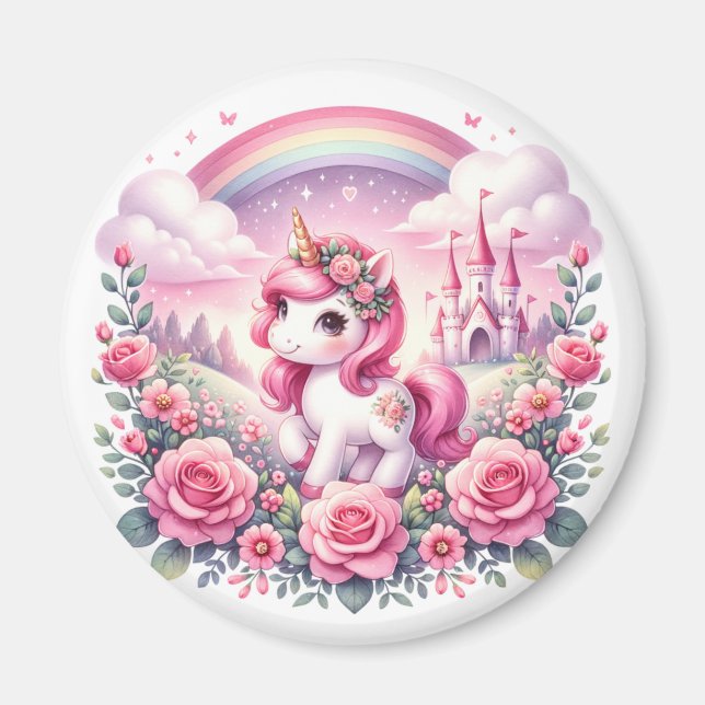 Imã Castelo bonito de Unicórnio Rosa e Fairytale (Frente)