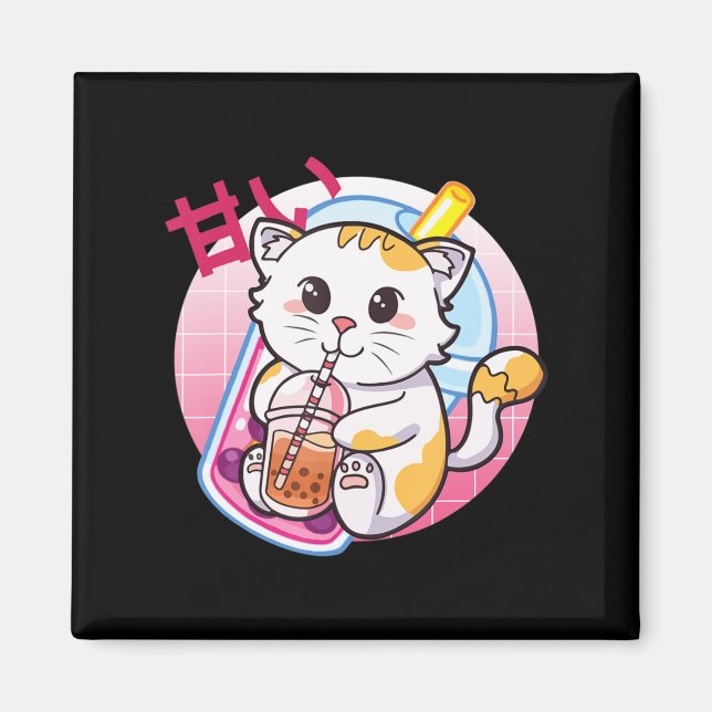 Imã Cat Boba Tea Bubble Tea Cat Anime Kawaii Nek (Frente)