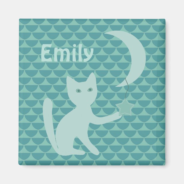 Imã Cat Brincando com Lua e Teal de Estrela Personaliz (Frente)