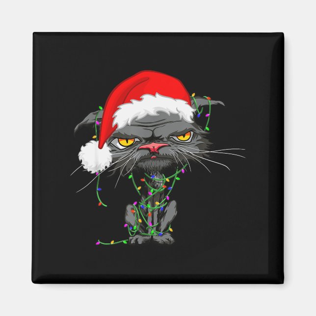 Imã Cat Christmas Lights Bored Cat Santa Hat Funny Cat (Frente)