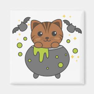 Imã Cat Happy Halloween Cauldron Bat Magnet