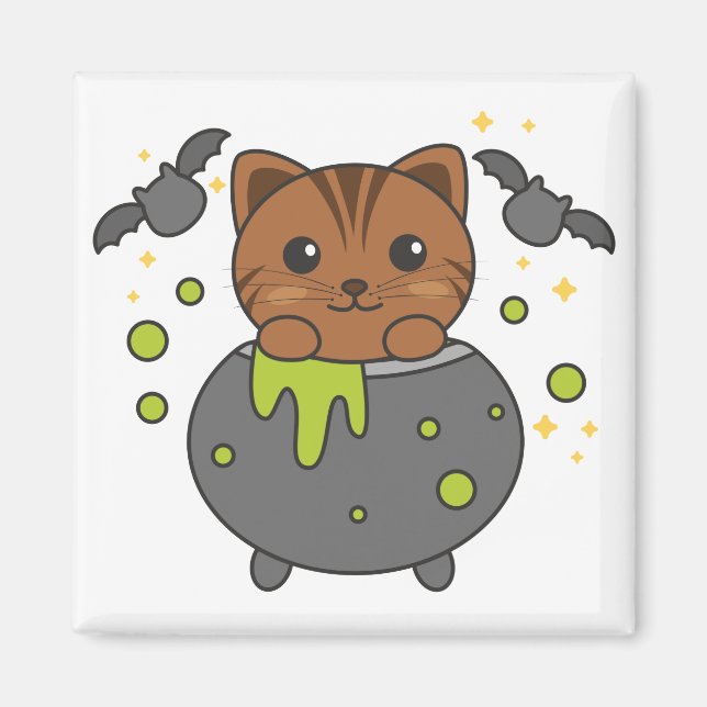Imã Cat Happy Halloween Cauldron Bat Magnet (Frente)