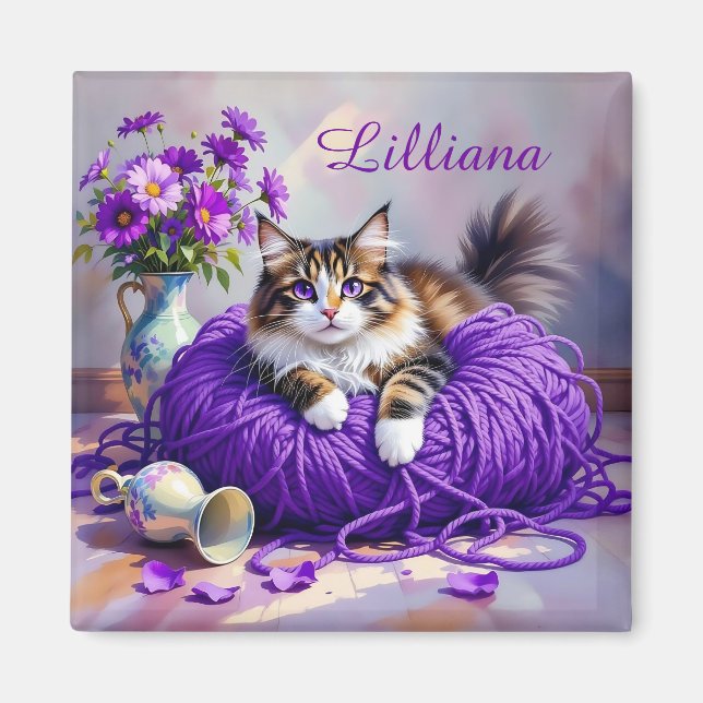 Imã Cat  in Purple Yarn and Flowers Personalized (Frente)