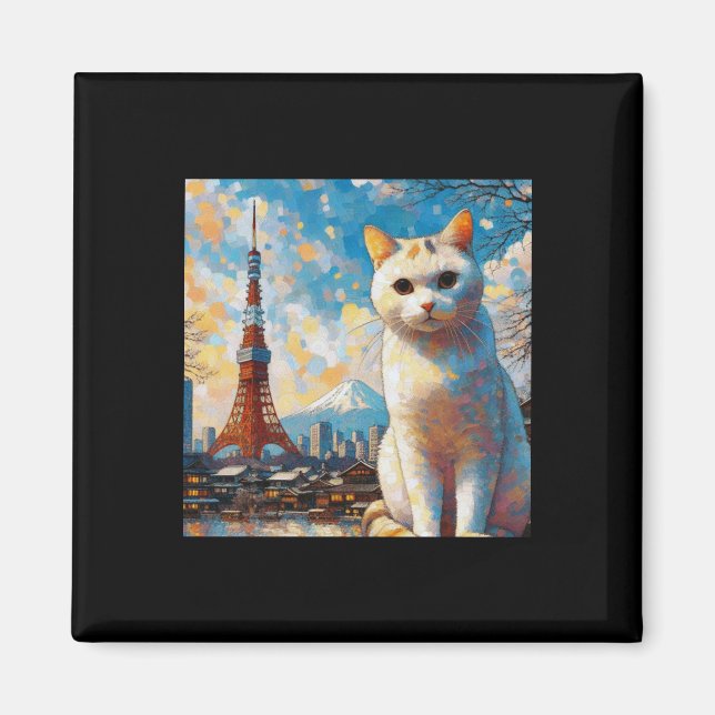 Imã Cat Overlooking Tokyo Tower With Mount Fuji In The (Frente)