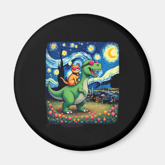 Imã Cat Riding Dinosaur T-Rex Starry Night Cat Lover (