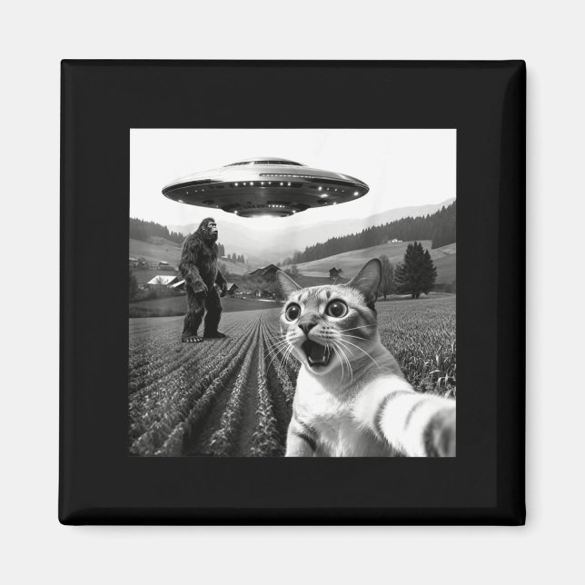Imã Cat Selfie With Alien Ufo Funny Cat Alien Bigfoot  (Frente)