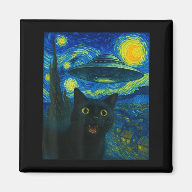 Imã Cat Selfie With Alien Ufo Night Van Gogh Men Women (Frente)