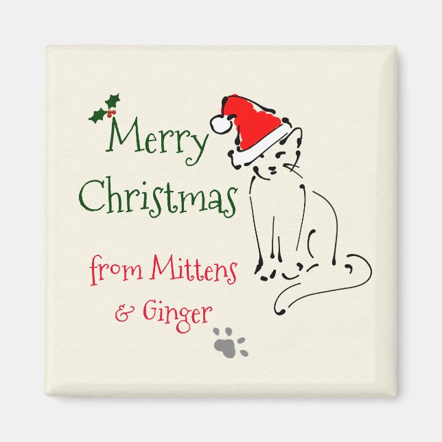Imã Cat Sketch Christmas keepsake: Kitty in Santa hat  (Frente)