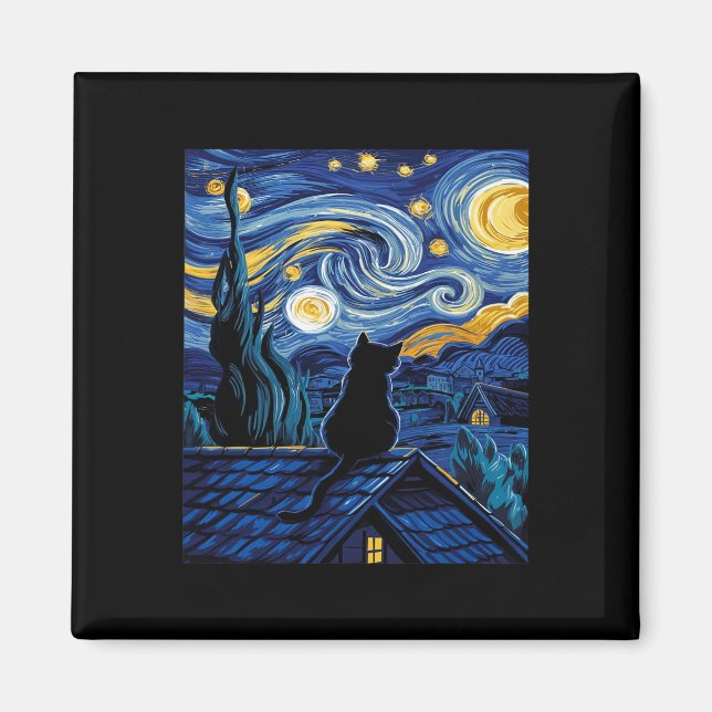 Imã Cat Starry Night Van Gogh Cat Art Lover Engraçado  (Frente)