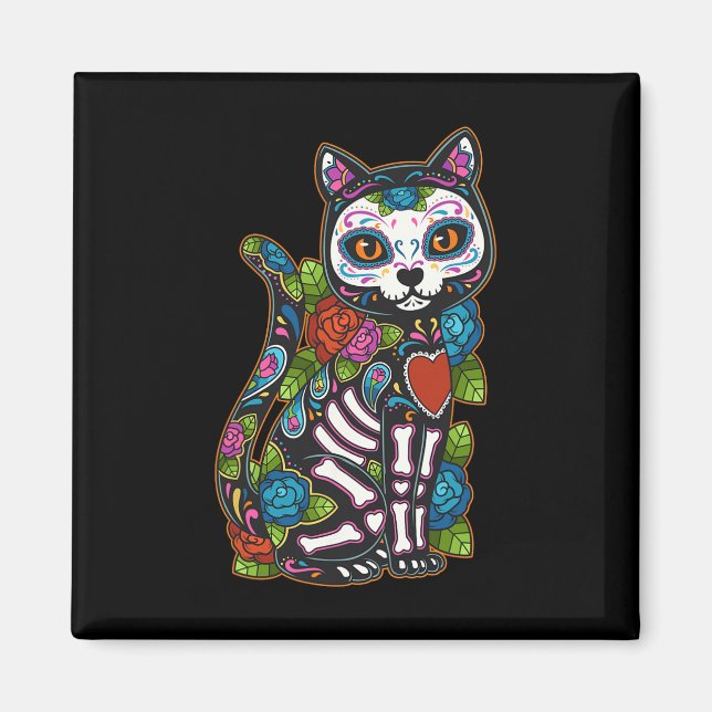 Imã Cat Sugar Skull México Calavera Dia De Los Muertos (Frente)