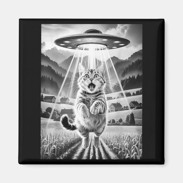 Imã Cat Ufo Alien Abduction Funny Graphic Tees Men Wom (Frente)