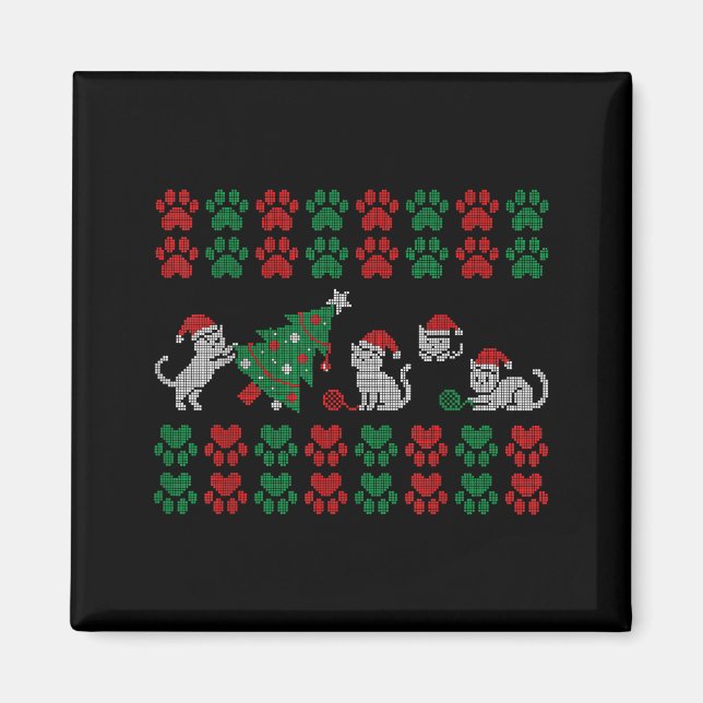 Imã Cat Ugly Sweater Pattern Christmas Knitting  (Frente)