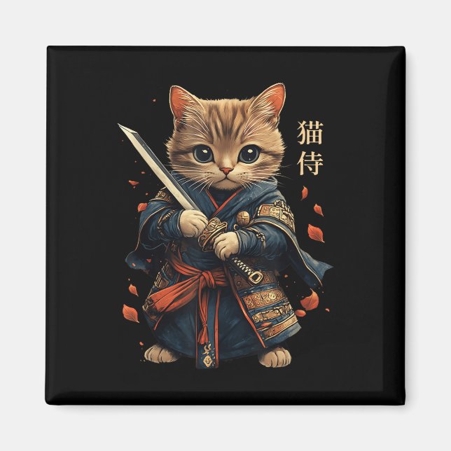 Imã Cat Warrior Japonês Samurai Cat Tattoo Kawaii Nin (Frente)