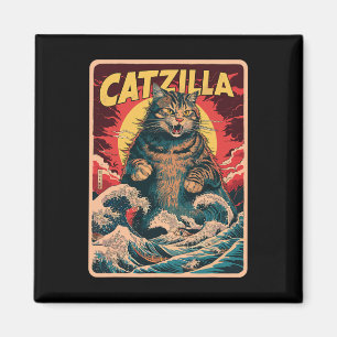 Imã Catzilla Japonês Art Funny Cat Vintage Graphic