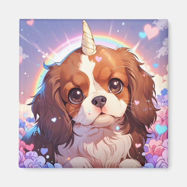 Imã Cavalier King Charles Pastel Unicorn Rainbow sky (Frente)