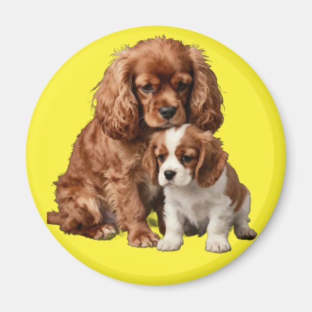 Imã Cavalier Spaniel Ruby e seu cachorrinho Blenheim (Frente)