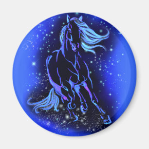 Imã Cavalo Azul Neon Correndo À Lua À Noite Estrelad
