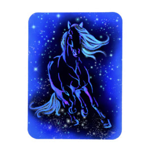 Ímã Cavalo Azul Neon Correndo À Lua À Noite Estrelad
