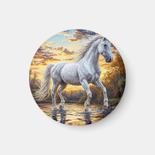 Imã Cavalo Branco Majestoso Galopando Através da Água